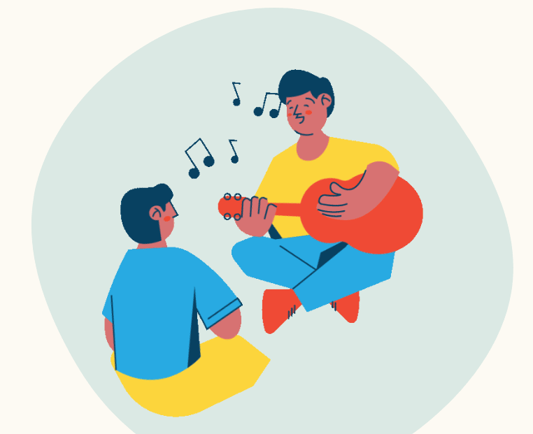 Two people sitting on the ground; one plays a guitar while the other listens, with musical notes indicating music being played.