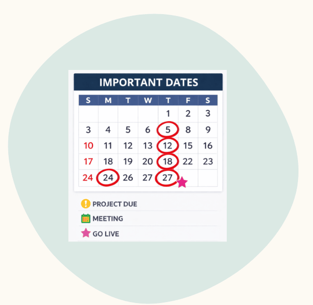 A graphic of a monthly calendar labeled “Important Dates” with several dates circled in red.