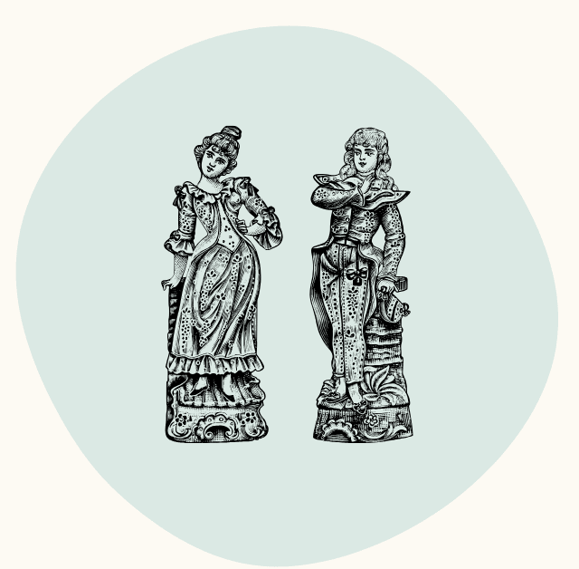 Black-and-white illustration of two vintage statues, in detailed period clothing.