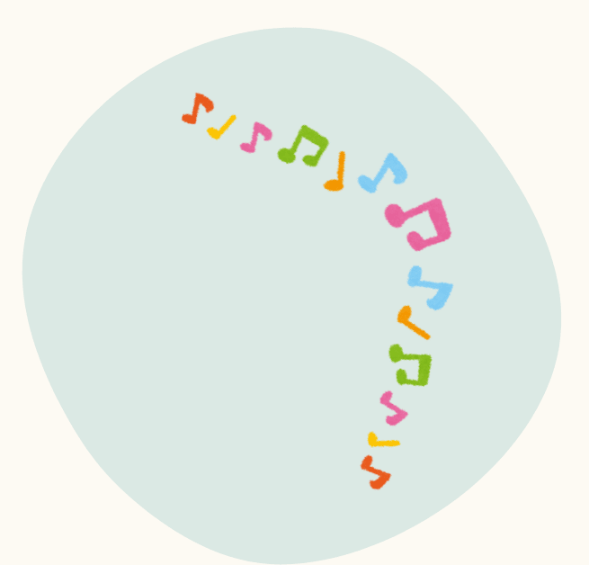 Colorful musical notes arranged in a curve on a light blue circular background