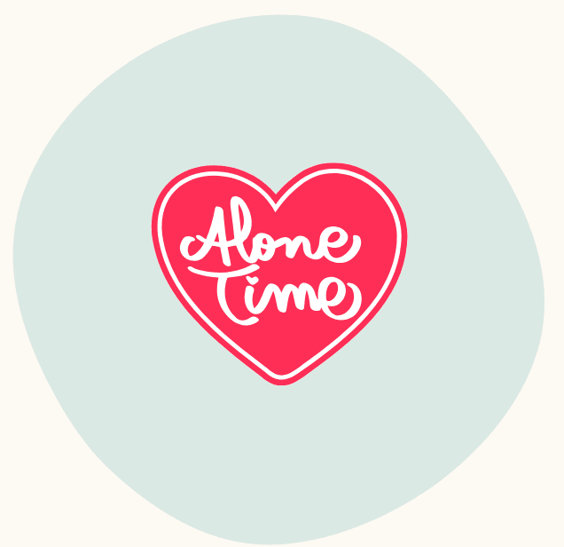 Pink heart icon with the words “Alone Time” in white script on a soft green circular background.