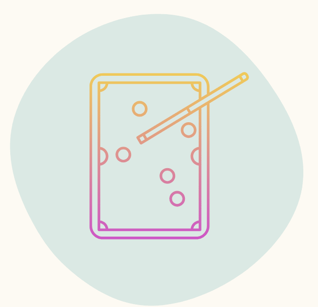 Stylized illustration of a pool table with balls and a cue stick.
