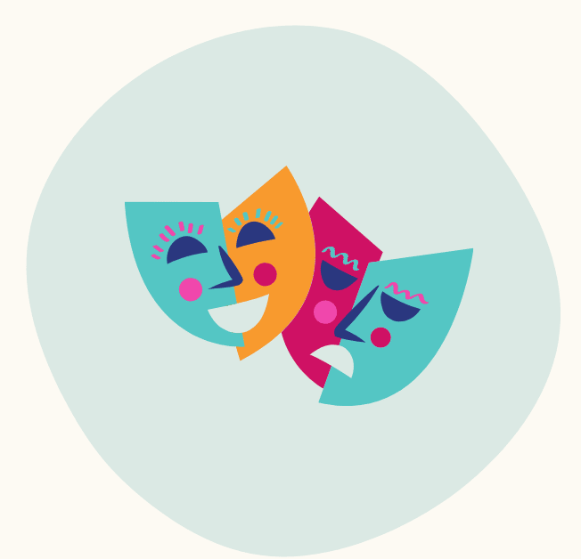 Colorful illustration of three theater masks, two happy and one sad.