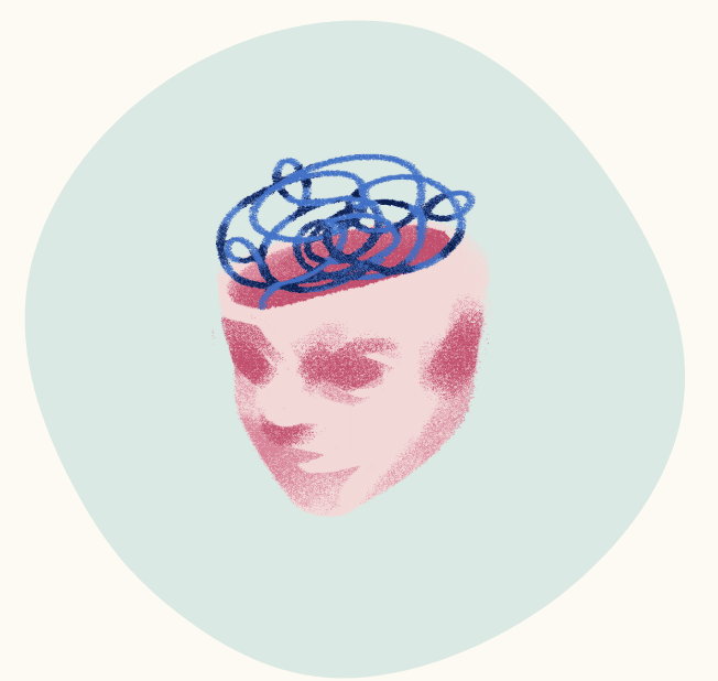 Graphic of a person’s head with a tangled scribble representing a busy or confused mind.
