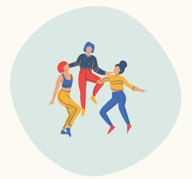 Three people dancing together in colorful outfits.