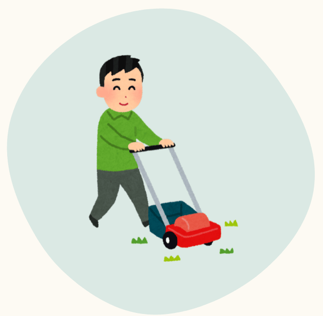 Person pushing a red lawn mower over grass on a simple gray background.