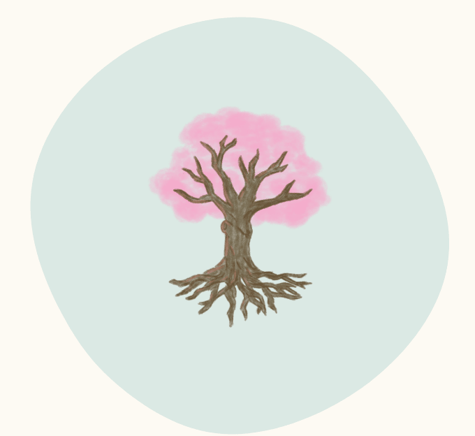 Illustration of a tree with bare branches, pink foliage, and exposed roots on a soft pastel background.