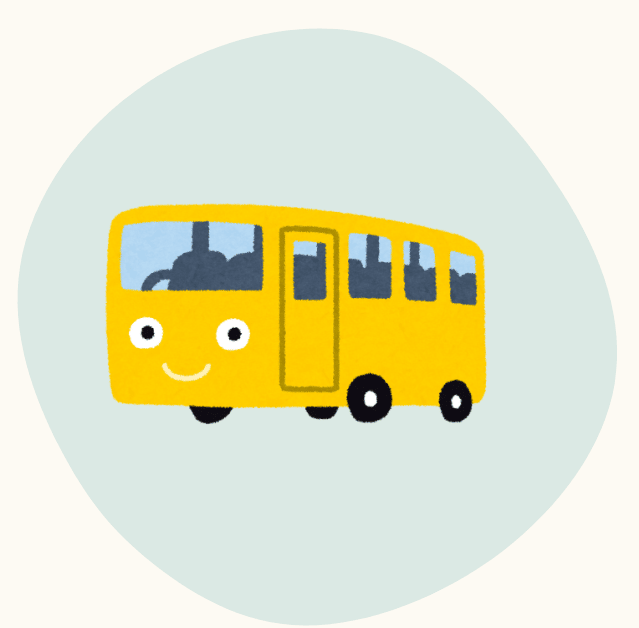 Illustration of a smiling yellow bus with large windows on a light blue circular background.