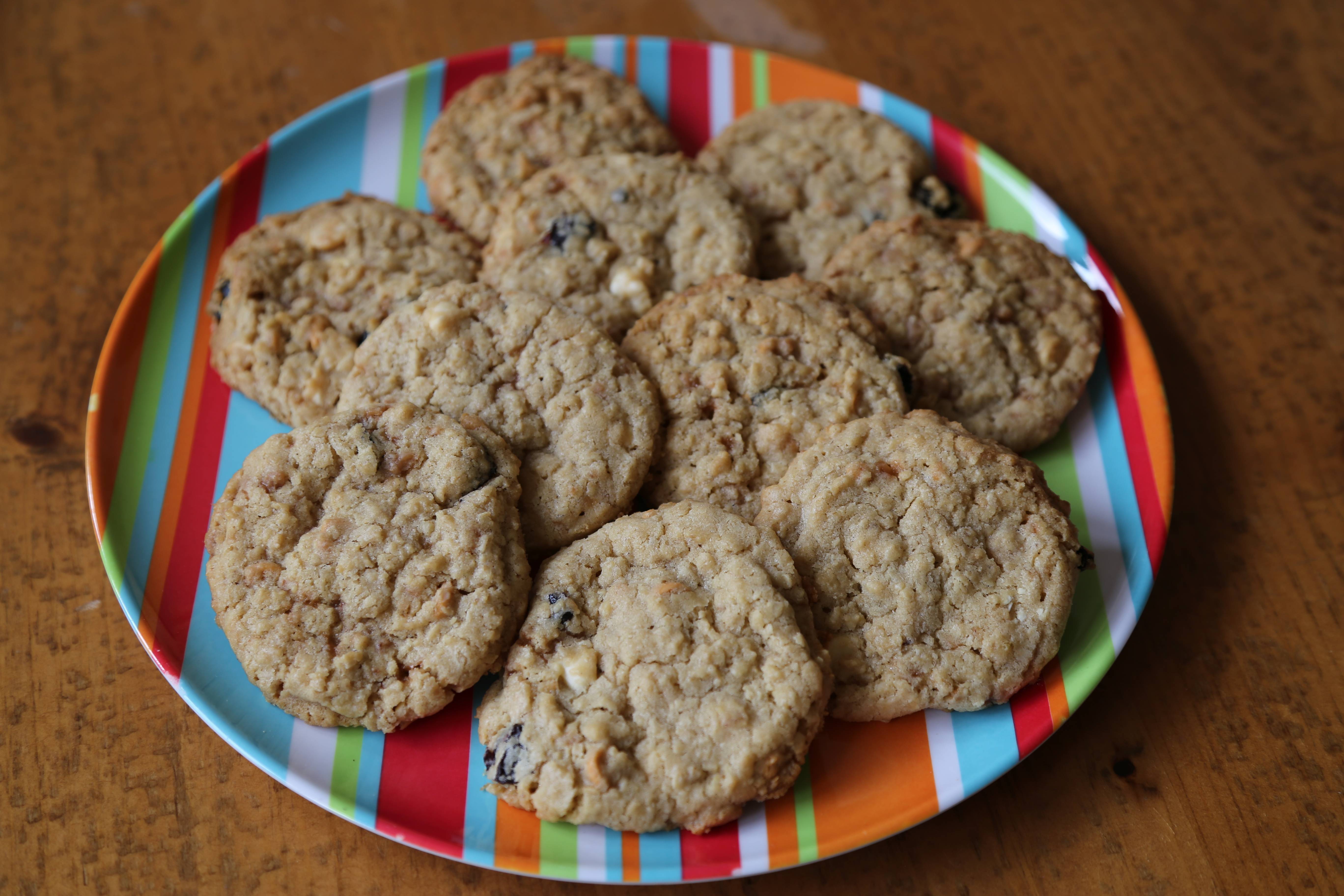 Chocolate cookies on a colourful plate.