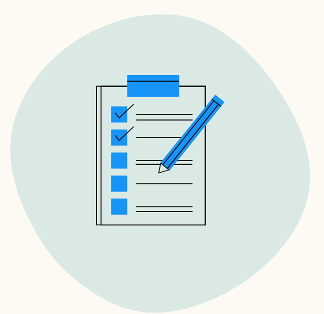 A clipboard and blue pencil with boxes for check marks.