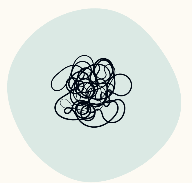 Abstract black scribbles centered on a pale green circular background.