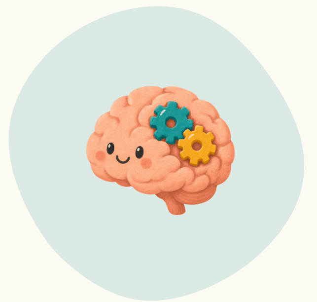 Cartoon brain with a smiling face and colorful gears inside.
