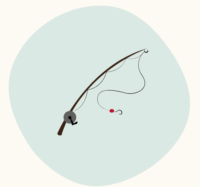 A fishing rod with a line and red lure hanging against a light background.