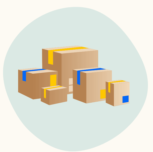 Illustration of stacked cardboard boxes of different sizes with colored labels.