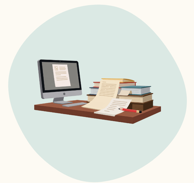 Illustration of a desk with a computer, stacked books, scattered papers, and a pencil.