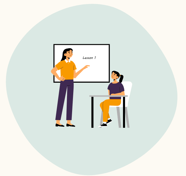 A teacher stands at a whiteboard labeled 'Lesson 1' while a student sits at a desk listening.