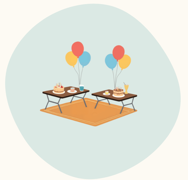 Two decorated tables with cakes, drinks, and balloons on a rug.