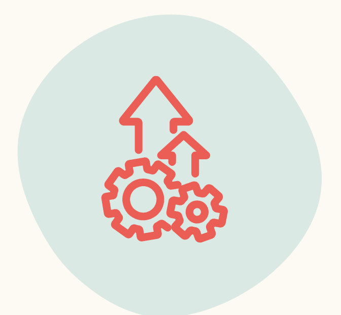 Two red gears with upward arrows on a light blue circle, symbolizing growth or progress.