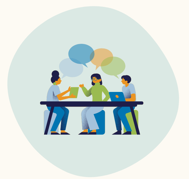 Graphic of three people sitting at a table, talking with speech bubbles above them.