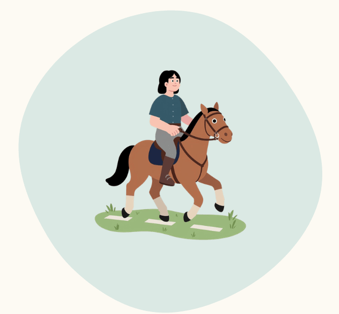 Person riding a brown horse on a grassy path.