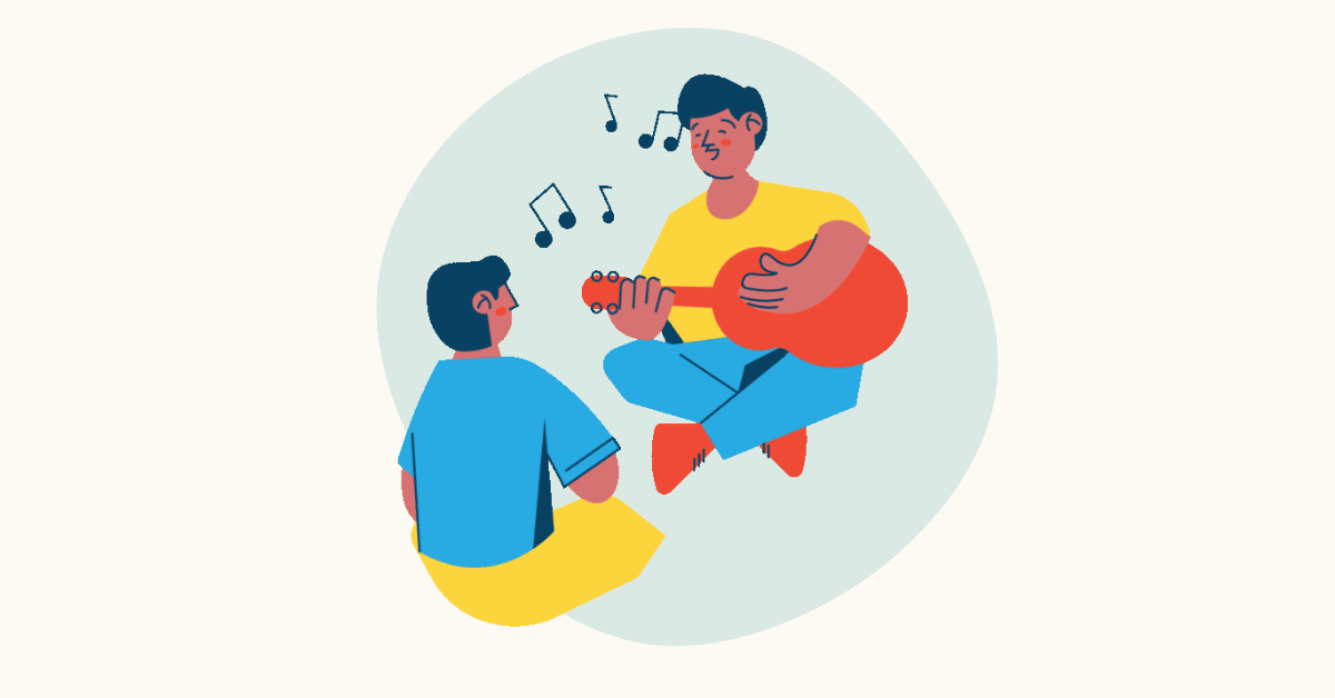 Illustration of one person playing guitar and another listening.