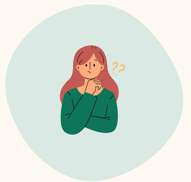 Thoughtful person with hand on chin and question marks, appearing unsure or indecisive.