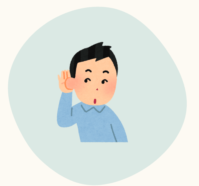 A person cupping their hand to their ear as if listening closely, with a surprised or attentive.