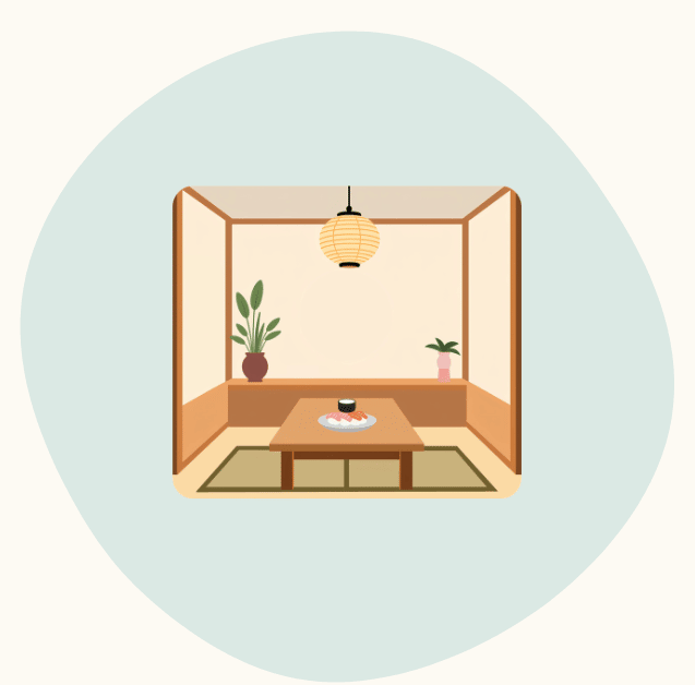 Graphic room with low table, plants, and hanging lantern.