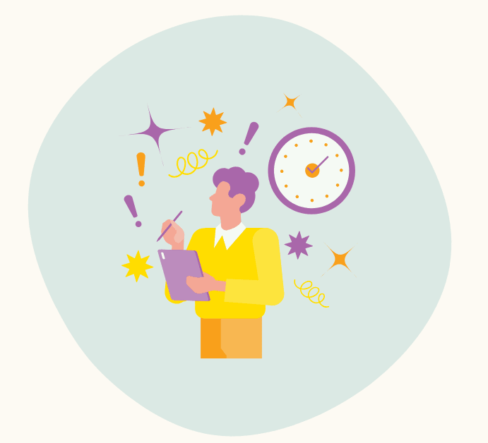 Illustration of a person holding a clipboard with a clock and distraction symbols around them.