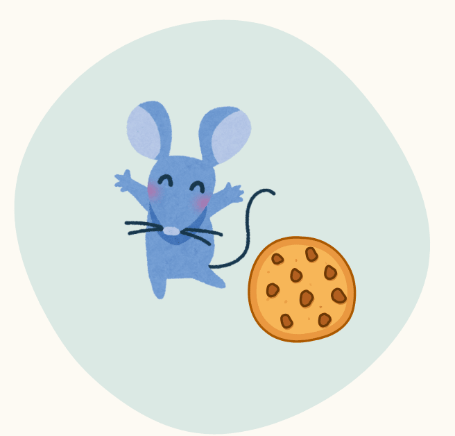Illustration of a happy blue mouse next to a chocolate chip cookie.
