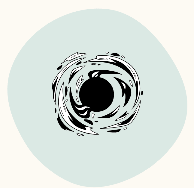 Abstract black swirling vortex on a pale green circular background.