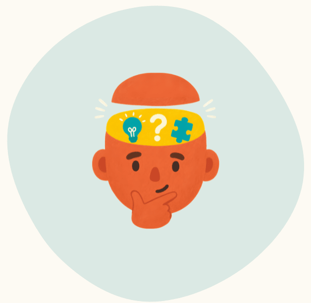 Graphic of a person with the top of their head open, showing a lightbulb, question mark, and puzzle piece inside, symbolizing thinking, problem solving, and ideas.