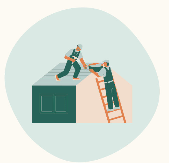 Illustration of two workers repairing a roof, one standing on a ladder and the other on top of the roof.