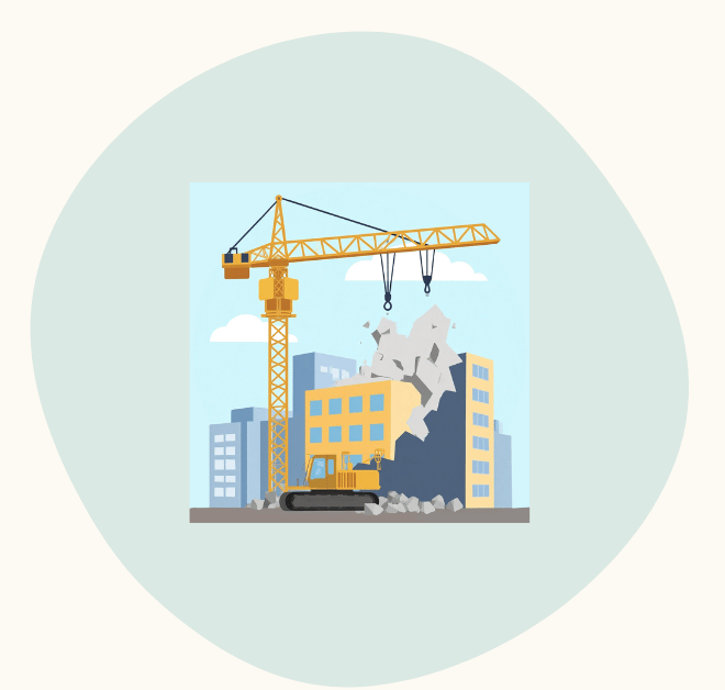 Illustration of a construction crane demolishing part of a building in a city.