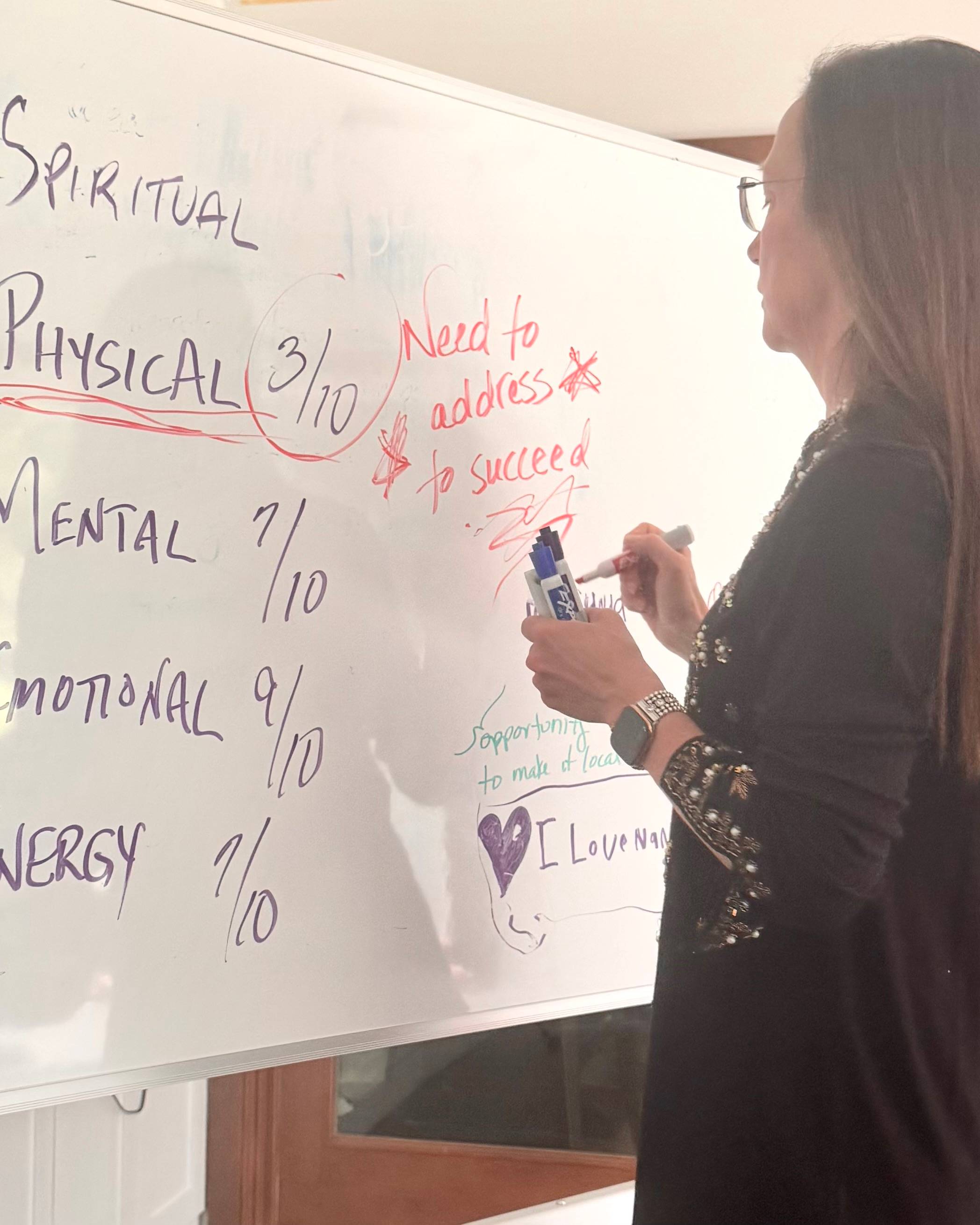 Dr. Jeanne Huddleston writing principles for assessing personal level of capability before committing to leading a new project. Writing on a white board.  Teaching her QI Operating System Course.