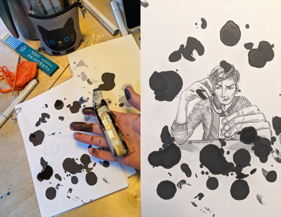 Image of me refilling copic markers along with a cartoon I drew of me refilling them covered in ink splats
