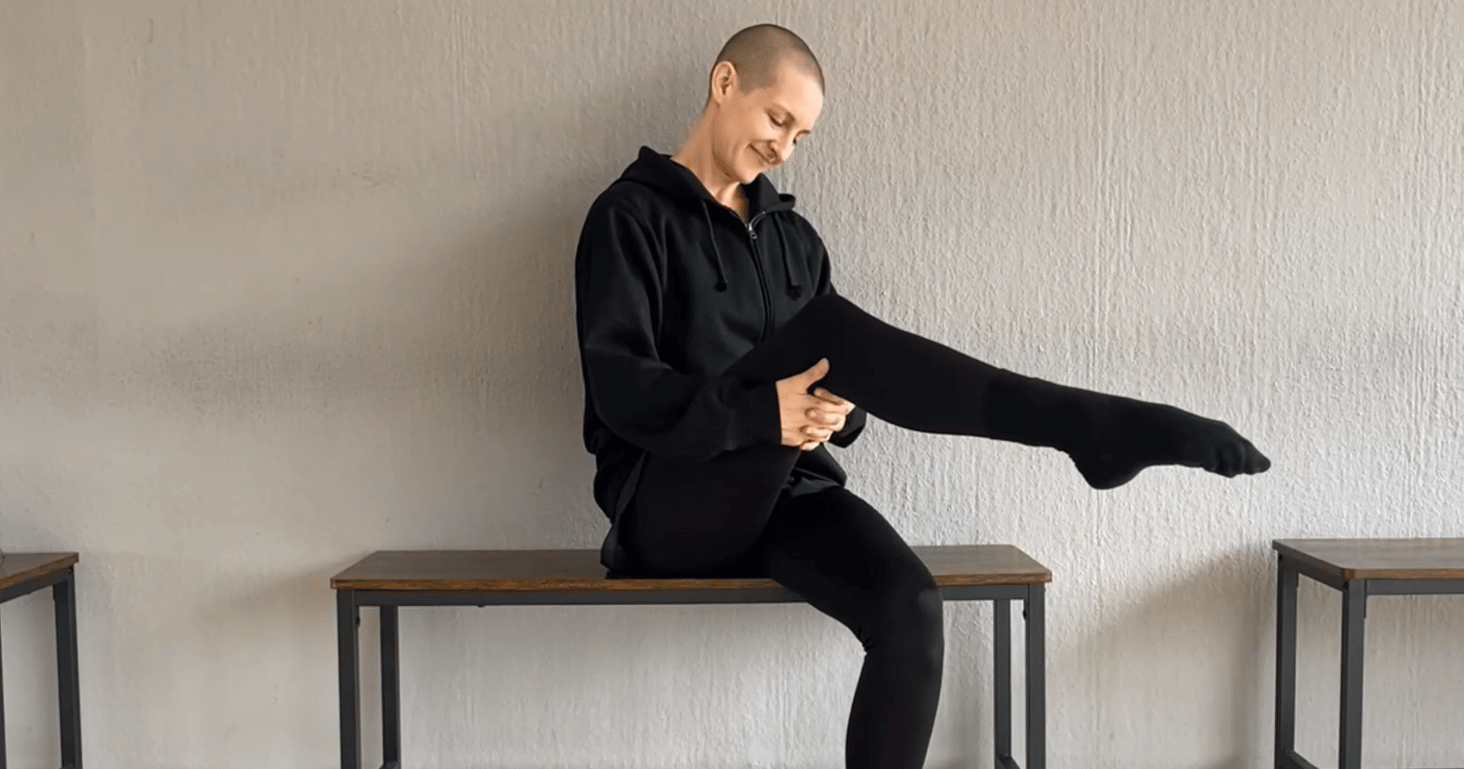 Blythe does mindful foot circles before teaching