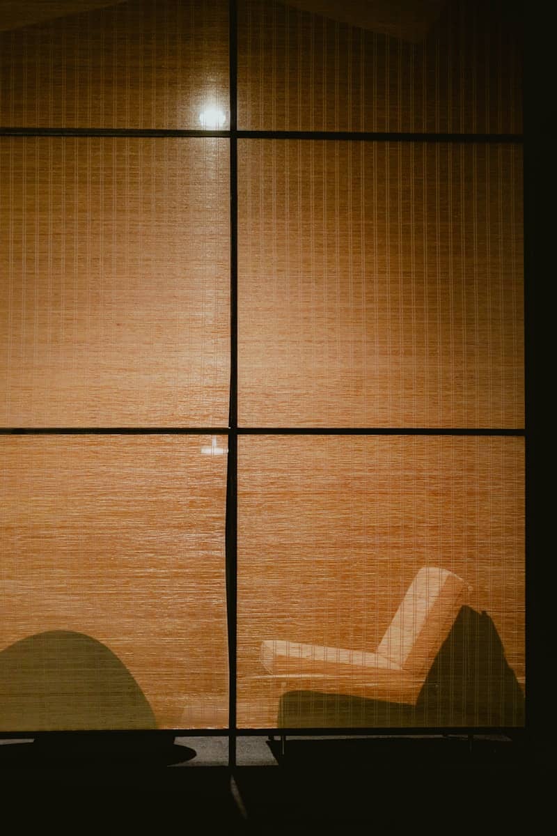 A silhouette of a chair behind a translucent woven bamboo room divider