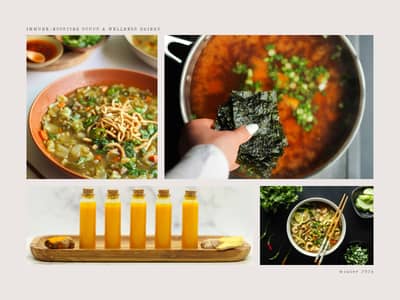 Immune boosting soups and wellness drinks: miso, chicken manchow, lemon ginger turmeric shots.