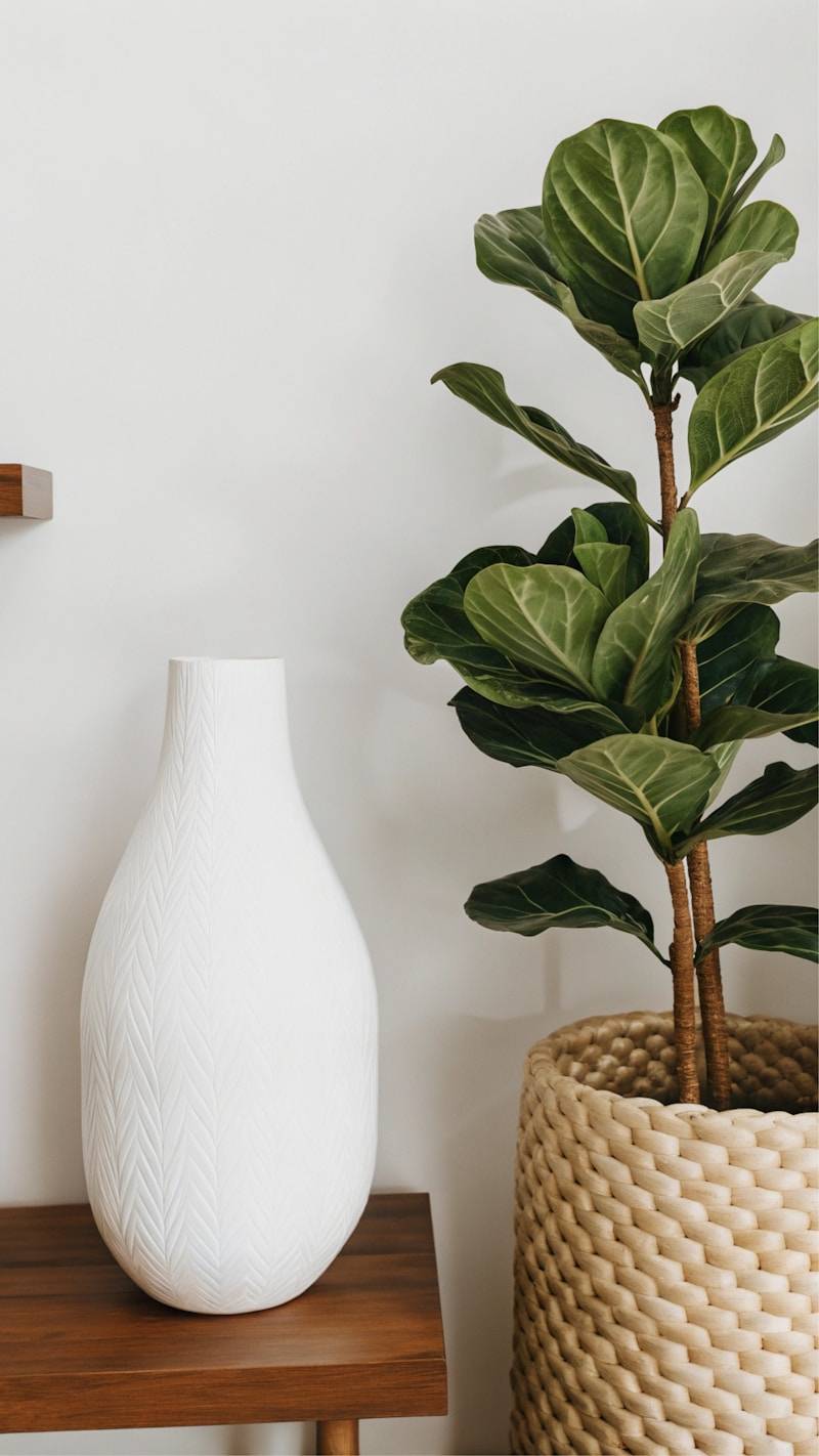 A white vase sitting on top of a wooden shelf