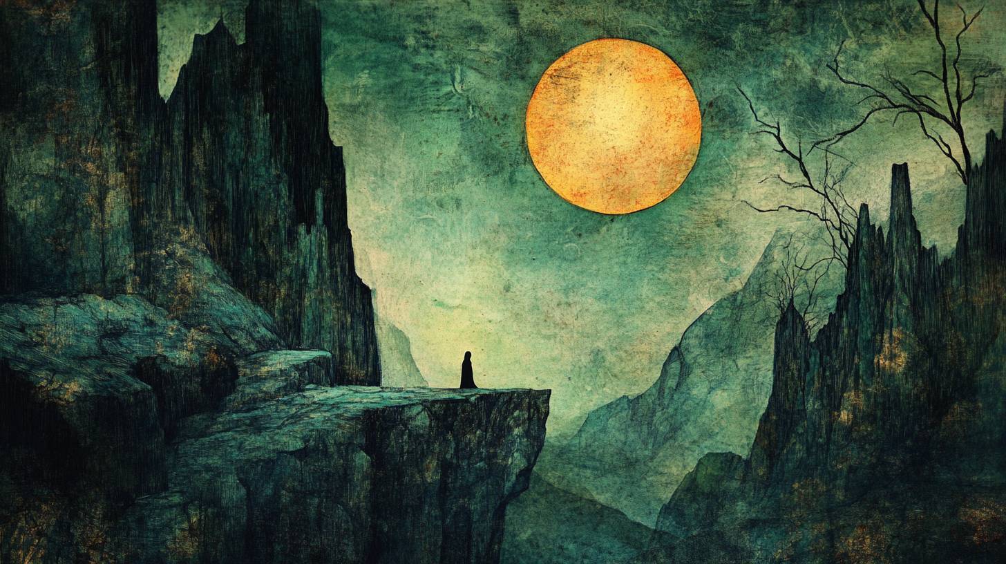 A woman in a meditative state under the big orange moon chanelling spiritual success