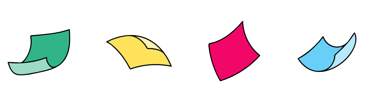 Illustrated blue, yellow, pink, and green sticky notes.