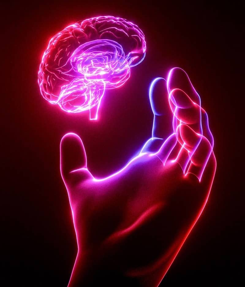 A person's hand holding a glowing brain model