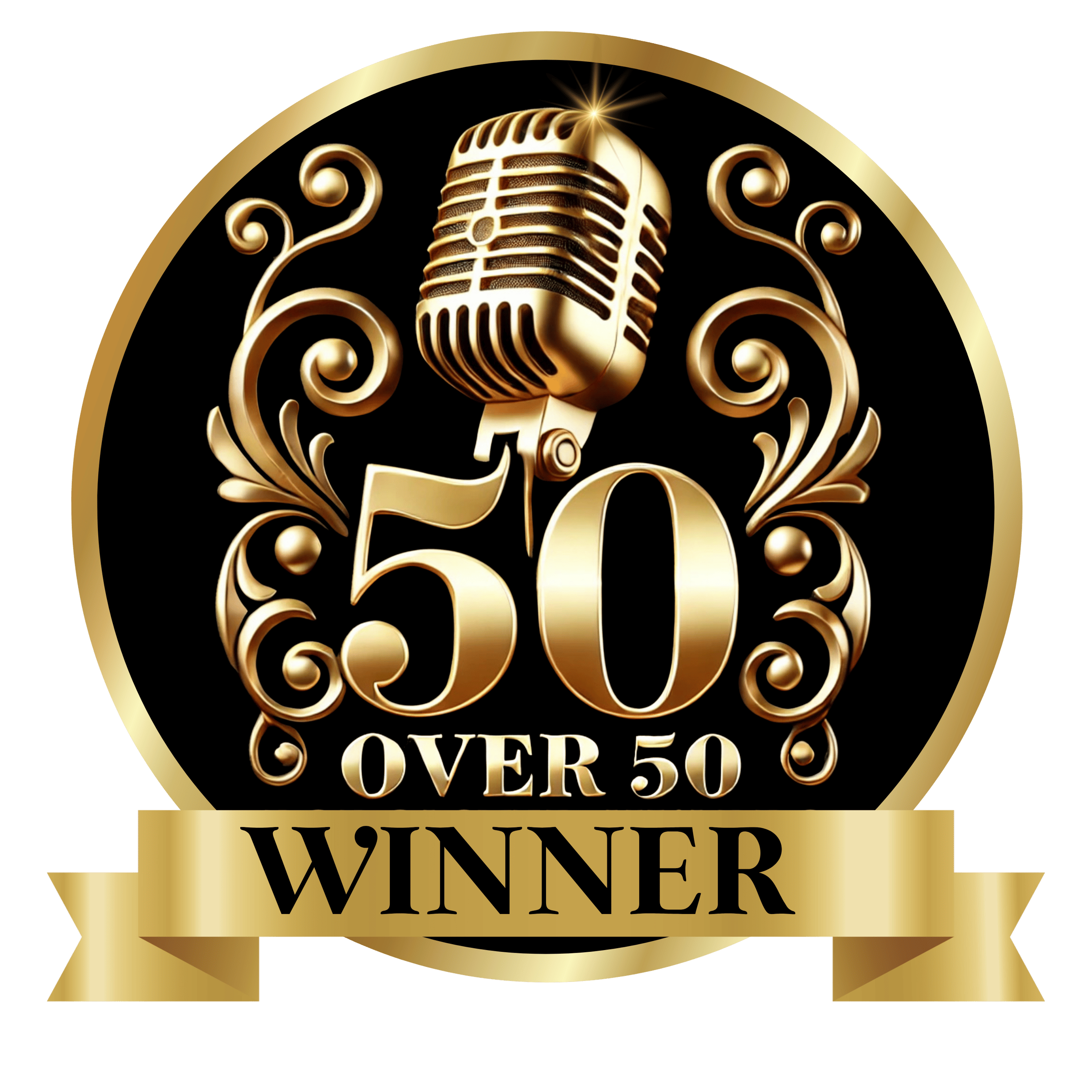 A mic with the words 50 Over 50 Winner underneath of it.