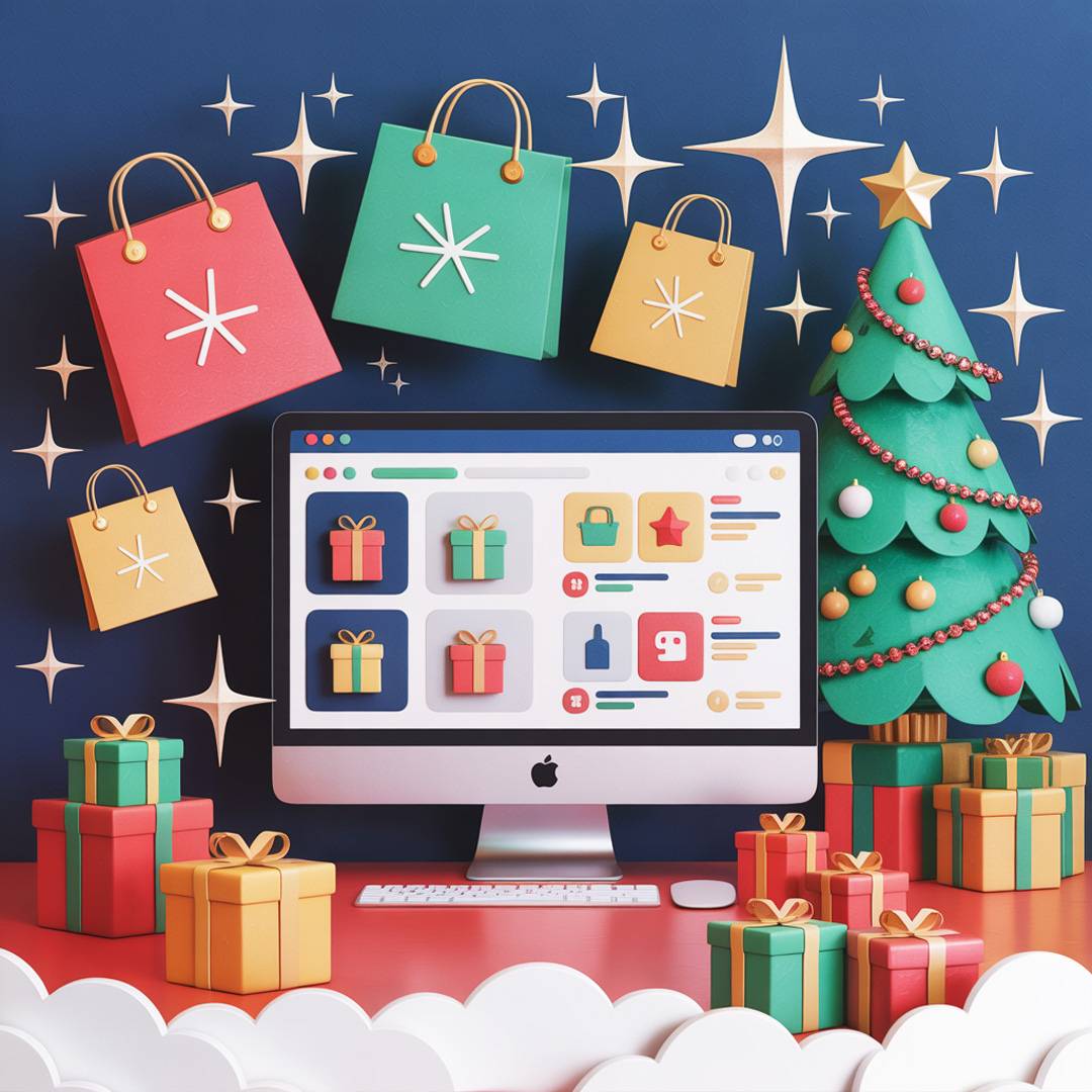 A computer screen with Christmas presents and decorations surrounding it.