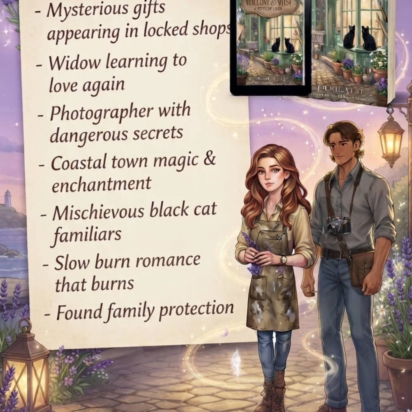 Mysterious gifts appear in her locked pottery studio. Her wards were never breached. Her cats know the truth but refuse to tell. A photographer arrives with secrets. As Ally unravels who's leaving the gifts, she discovers some mysteries can only be solved by opening your heart.

Willow & Wisp Pottery Shop. Now on Amazon. 🔮💜#CozyWitchyReads
#WitchyRomance
#CozyMysteryReads#fantasybooks #widowromance