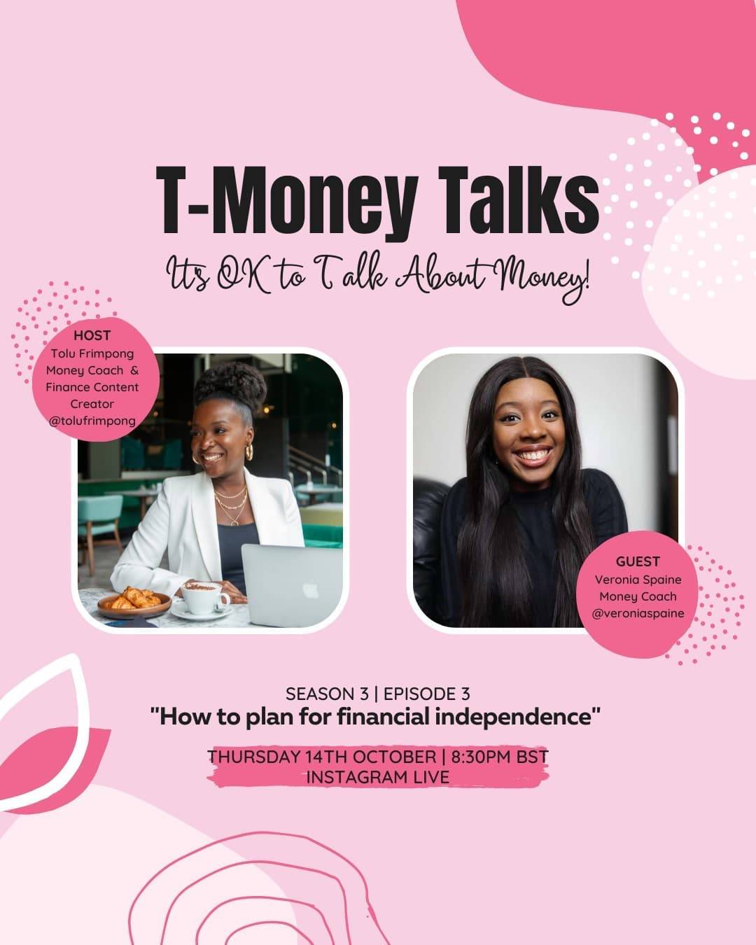 I'm excited to announce that tonight I'll be joined by Money Coach and fellow finance YouTuber Veronia Spaine to discuss how to plan for financial independence.

Veronia is a money coach who works with working millennial women to create their money plan to start working towards financial independence. 

Her aim is to encourage women to spend intentionally, save differently and invest like a boss.

Join as at the slightly later time of 8:30pm.turn your reminder on via stories so you don't miss it!
.
.
.#tmoneytalks #instagramlive  #ukdebtfreecommunity #debtfreeuk #journeytofinancialIndependence  #FinancialIndependence #personalfinanceuk #frugallivinguk #journeytofinancialfreedom