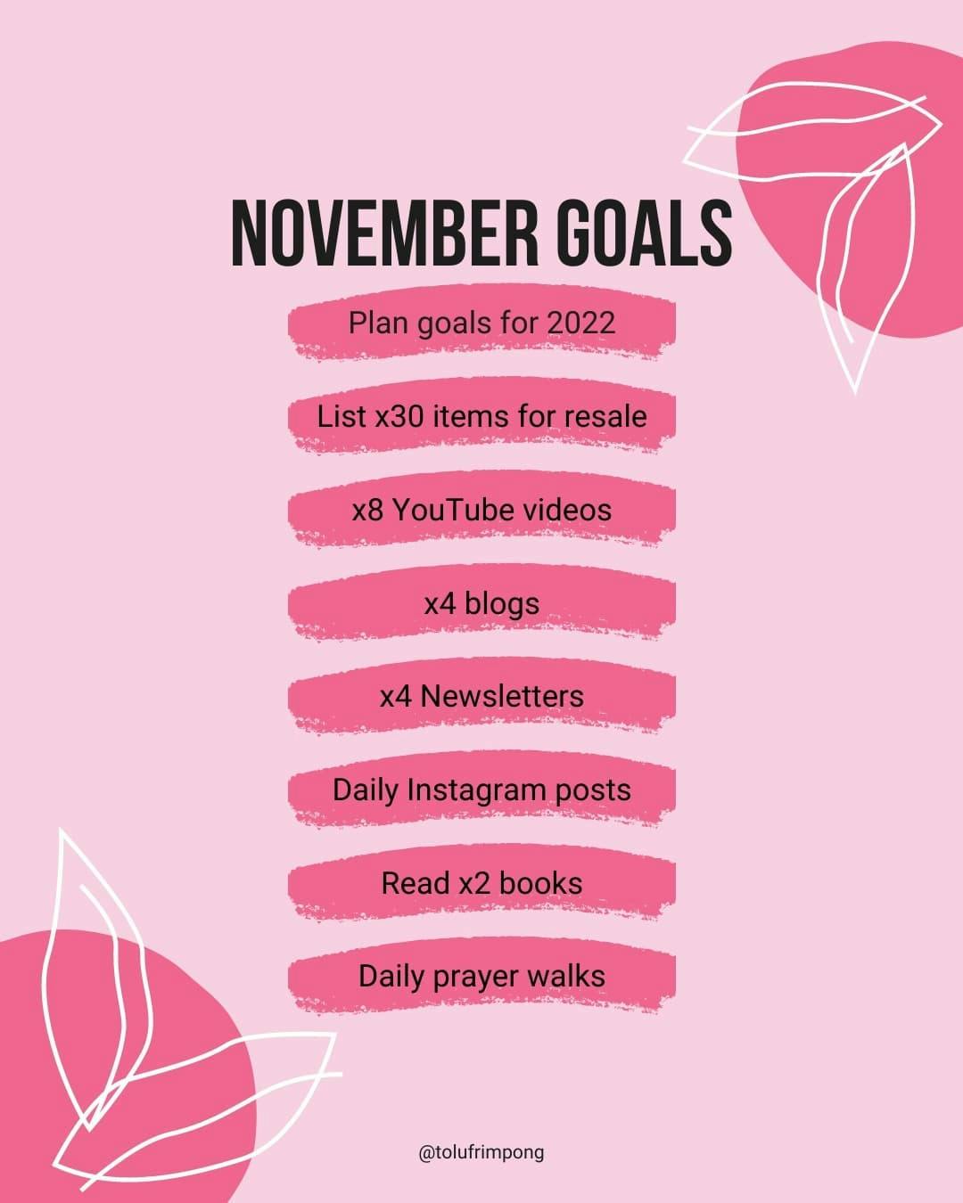 Here are my goals for November

🎯 Yes, it's only November but I want to start planning for the New Year

🎯 I didn't add any new listings to my eBay store in October, as a result my sales slowed down in the last 2 weeks of October

🎯 T-Money Talks finishes this week so getting 8 youtube videos published without the replays will be challenging

🎯 I had a good run last month with blog posts. Thanks for contributing a guest post @naa2norkor. If you're in the finance space and want to submit a guest post please let me know! 

🎯 I'm keeping the weekly newsletters goal on here so I don't fall off again. Sign up via the link in my bio to receive weekly updates, with freebies, tips, offers and more. 

🎯 Consistency compounds, so I'm committing to daily IG posts, comment below and tell me what content you want to see 

🎯 I didn't manage to go for prayer walks every day in October, let's see if I can do it in November

What are your goals for November? Share  below👇🏿👇🏿

#novembergoals #goalgetter #goals #financialgoals #ukdebtfreecommunity #debtfreecommunityuk #sidehustlegoals #debtfreeuk #blackdebtfreecommunity #blackpfcommunity #debtfreeuk #debtfreecommunityuk  #personalfinance #financialfreedom #financialindependence #ukmoneyblogger #ukmoneycoach #conversationsaboutmoney #financialpeace #financialliteracy