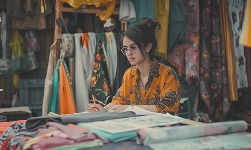 A woman sitting at a table in front of a store