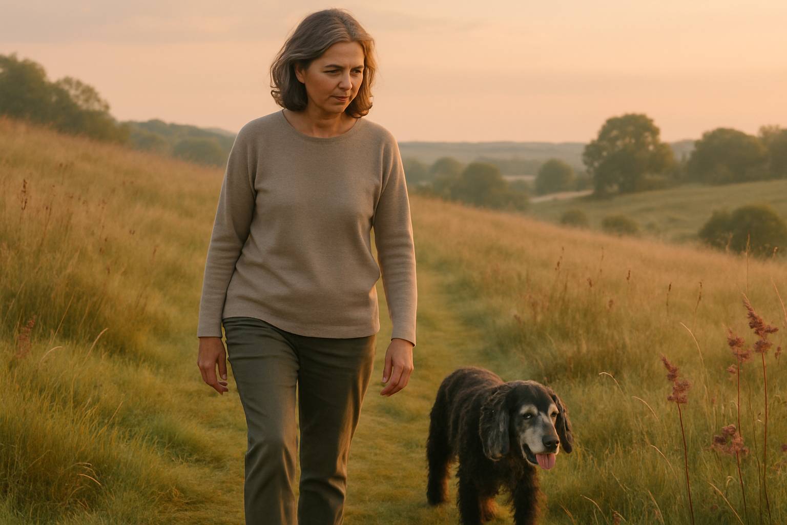 morning stroll ai image of woman walking in the fields with her cocker spaniel